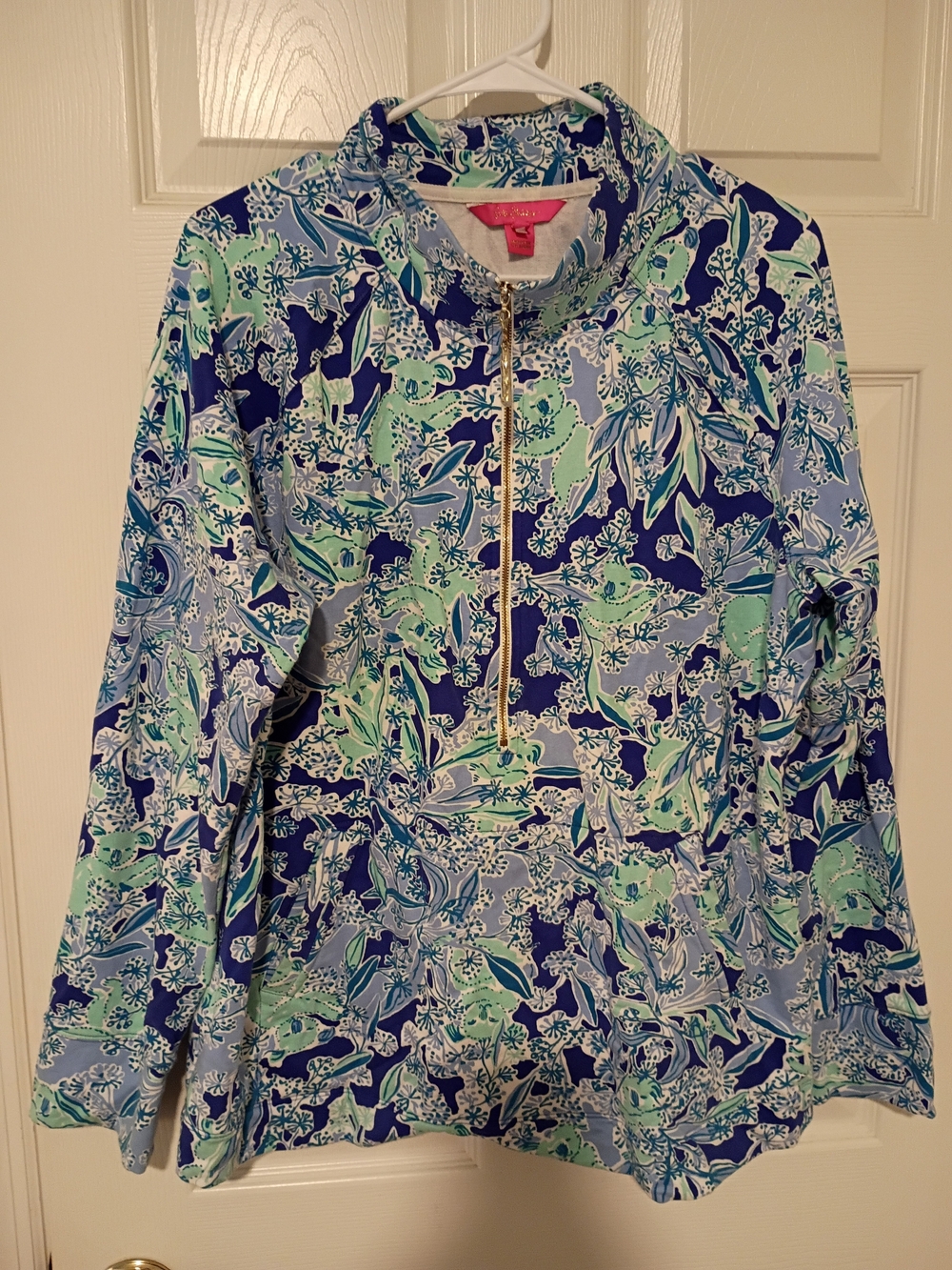 Lilly Pulitzer Blues & Mint Green Koala Print Qtr Zip Jacket EUC XL